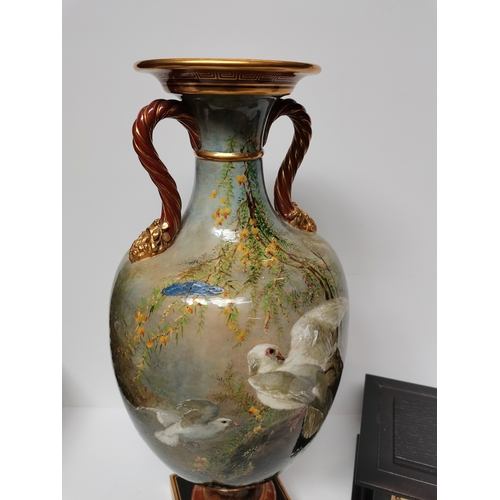 36 - Minton Ornithological Vase date 1880 Artist Weneeslas Mussill ex condition 61cm in height total, Vas... 