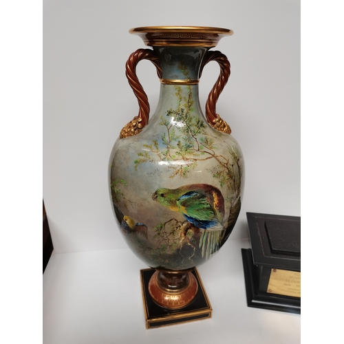 36 - Minton Ornithological Vase date 1880 Artist Weneeslas Mussill ex condition 61cm in height total, Vas... 