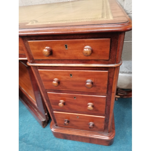 980 - Antique Pedestal desk with green leather top and breakfront L145cm x D68cm