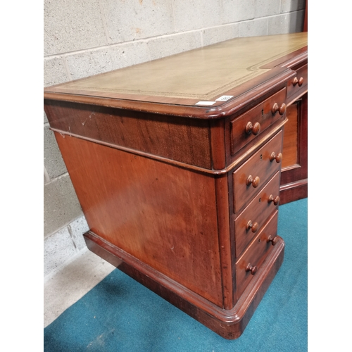 980 - Antique Pedestal desk with green leather top and breakfront L145cm x D68cm