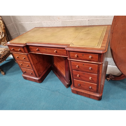 980 - Antique Pedestal desk with green leather top and breakfront L145cm x D68cm