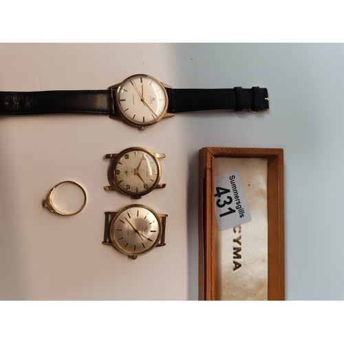 431 - Rotary gents watch face, Waltham watch face, GOLD Cyma wrist watch with leather strap and dress ring