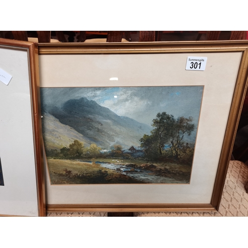 301 - Oil painting of Country scene A J Pease plus 2 framed watercolour and Oriental scene