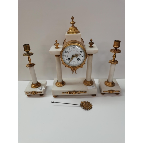 16 - Marble mantle clock and candle sticks