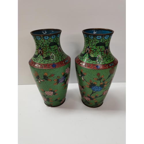 34 - X2 Cloisonne Green Vases - good condition H25cm