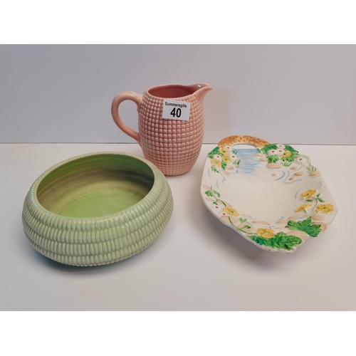 40 - X3 Clarice Cliff items - pink jug, Garden dish and a green bowl - all in good condition