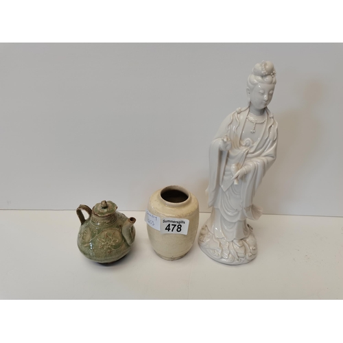 478 - A 30cm creature glazed Chinese figure of a lady holding a bottle ex con plus a 12cm early pot in cre... 