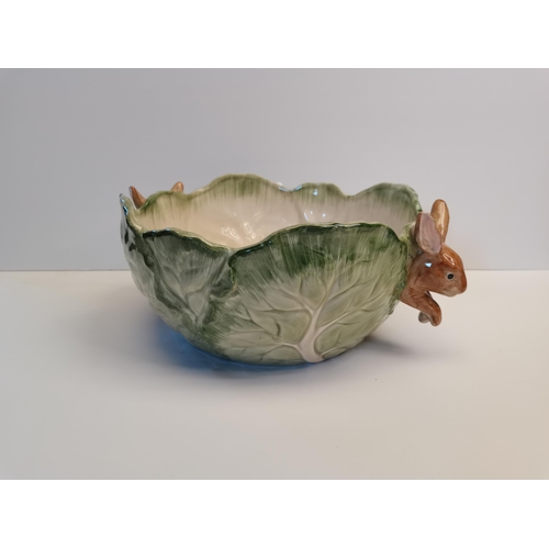 61 - Fitz and Floyd cabbage leaf bowl with rabbit handles. Very good condition no cracks or chips