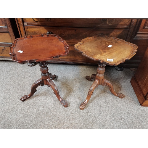 687 - A pair of quality mahogany Chippendale style side tables with claw feet. D41.5cm