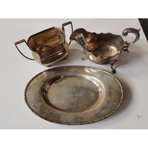 444 - Silver gravy boat, sugar bowl spoon sugar tongs and small tray total weight 700g
J W Benson gents wr... 