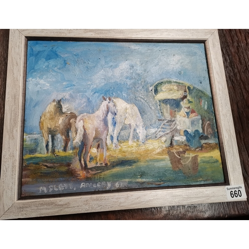 660 - oil on board of Appleby Fair by M Scott 1967 45cm x 35cm