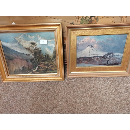 472 - 2 x watercolour of sea scapes and 2 x oil paintings of mountain scenes