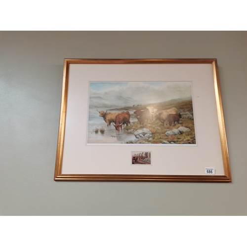 686 - 2 x prints of horses and Highland cattle by D M Alderson