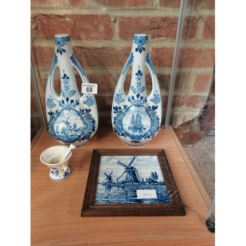 69 - 2 Delft Blue and White Vases No 515, Delft hand painted Pestle and Mortar No 1537and a Hand Painted ... 