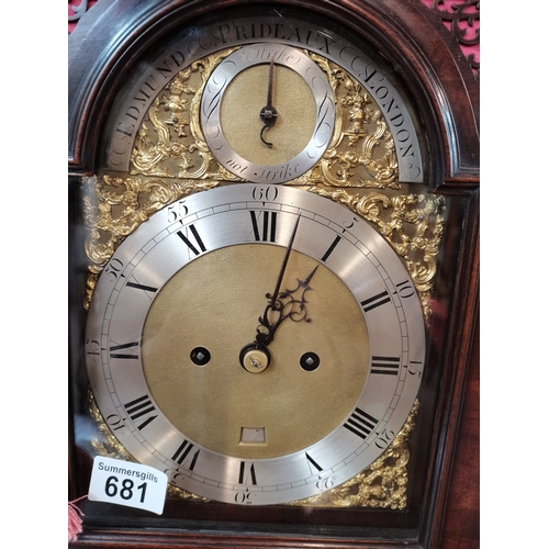 681 - Mahogany 55cm bracket clock with wall bracket maker Edmund PRIDEAUX LONDON ex cond.