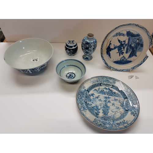 476 - A blue and white jarlet Kangxi  d/d plus 5 x other early Chinese blue and white items with character... 