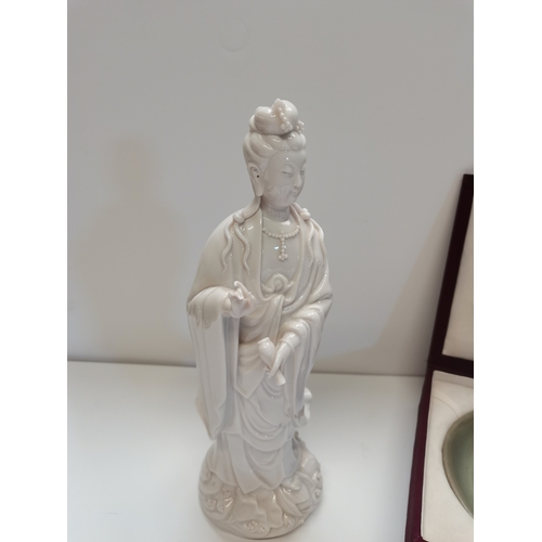 478 - A 30cm creature glazed Chinese figure of a lady holding a bottle ex con plus a 12cm early pot in cre... 