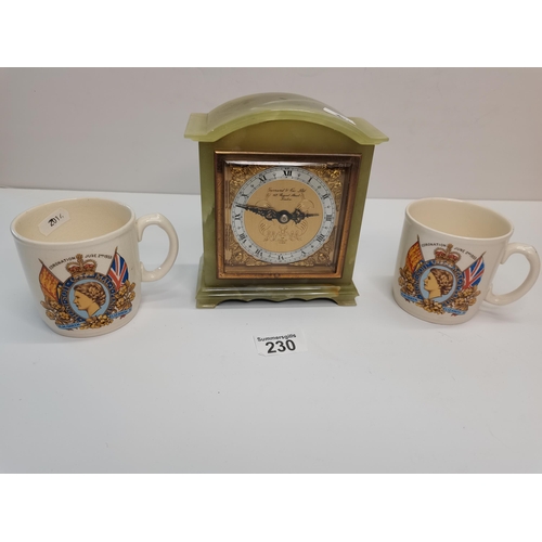 230 - Onyx Mantle clock plus x2 coronation mugs