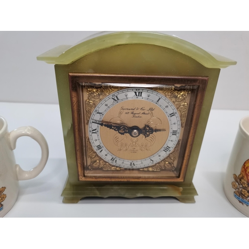 230 - Onyx Mantle clock plus x2 coronation mugs