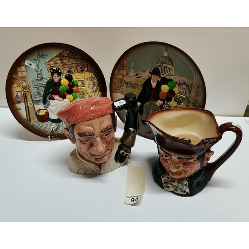 94 - X2 Royal Doulton Toby Jugs plus x2 Royal Doulton plates Balloon Man and women - good condition