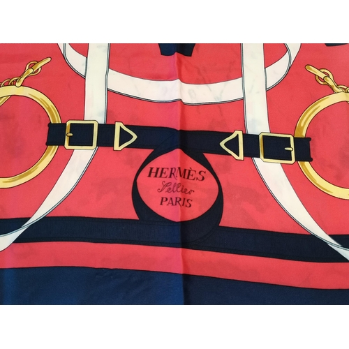 332 - Genuine Hermes 100% Silk Scarf, design is Eperon D'or by Hendri dOrigny c1975' in red and blue with ... 