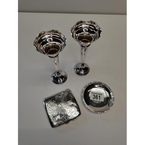 361 - A pair of Silver flower vases, Silver trinket bowl and a Silver cigarette case. total weight 243gram... 