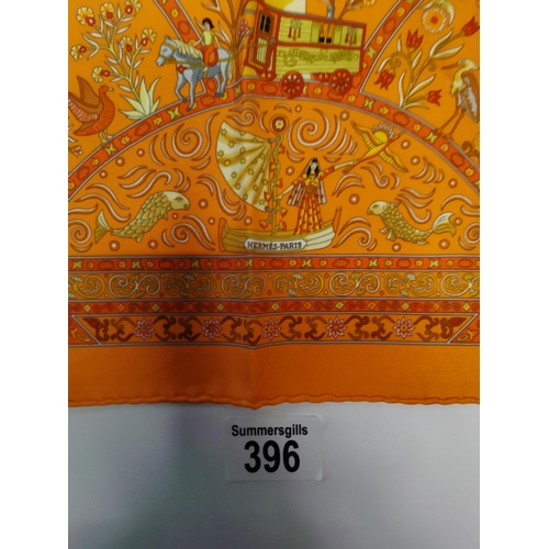 396 - Genuine Hermes 100% silk pocket square, Peuple de Vent in orange designed by Christine Henry, hand r... 