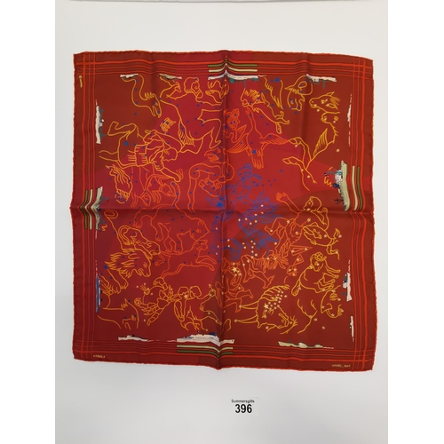 396 - Genuine Hermes 100% silk pocket square, Peuple de Vent in orange designed by Christine Henry, hand r... 