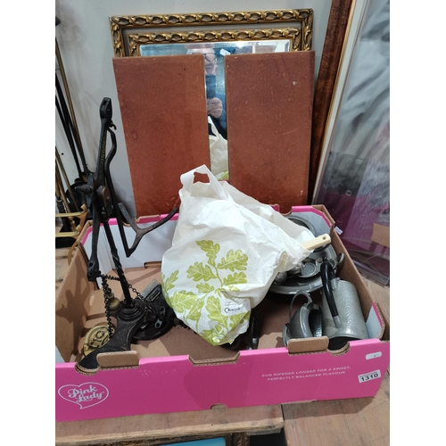 1310 - 1 Box with Scales and Weights and Pewter Ware and a Dressing Table Swivel Mirror in Frame