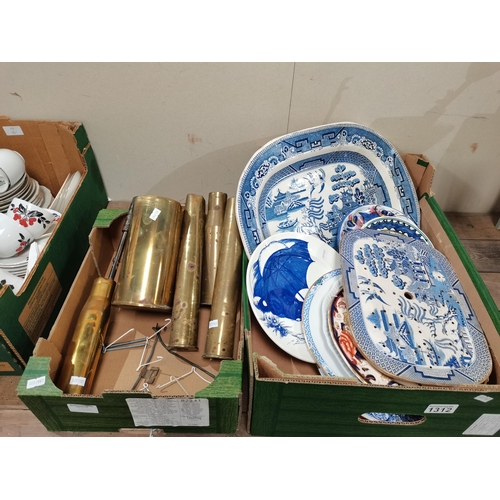 1312 - 2 Boxes 1 Containing Blue and White Potterey and 1 Containing Brass Shells