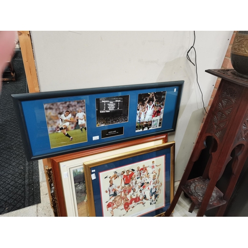 1314a - 5 Pictures in Frames (incl Harvest scene) 1 of England Footballers and 1 of England Rugby World Cup ... 