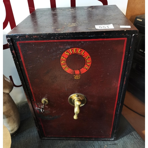 551 - vintage Bent Steel Safe with key - W28cm x D 25cm x H41cm