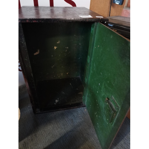 551 - vintage Bent Steel Safe with key - W28cm x D 25cm x H41cm