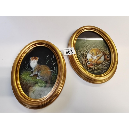 603 - x2 oval paintings by EGO 1986 & 87 of field mouse and weasel 30cm x 15cm