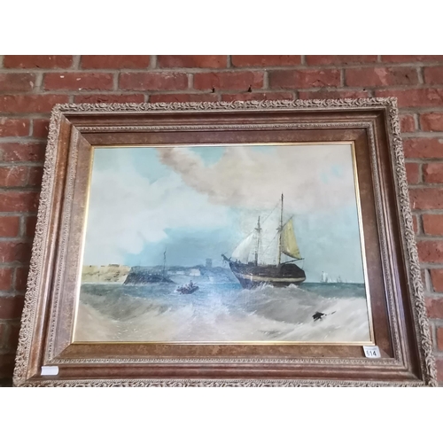 614 - Framed oil on canvas of ships at sea