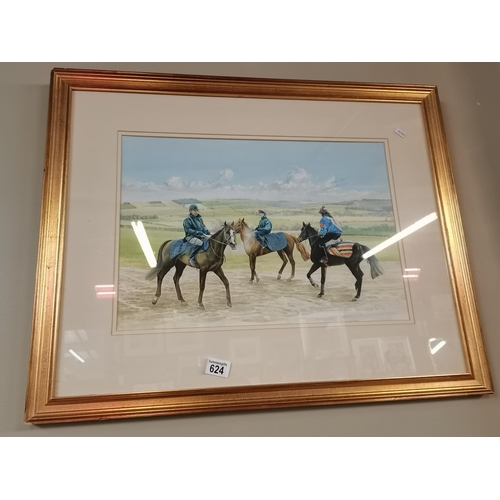 624 - Framed water colour of racehorses signed by David Hall 85 - 'Early morning near malton