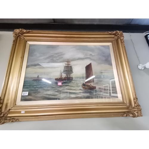 617 - x2 large gilt framed sea and ship paintings signed