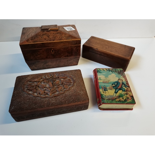 154 - Birds Eye walnut tea caddy plus another tea caddy and Cigarette boxes