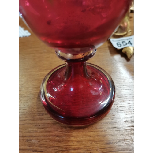 200 - Vienna red glass vase H34cm, plus early pottery items and possibly Chinese yellow vase