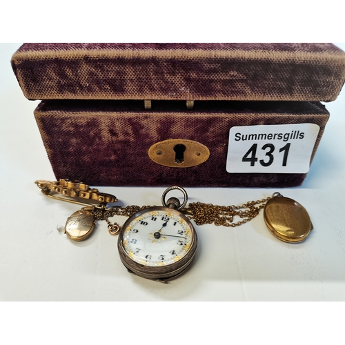 431 - x2 gold lockets, gold brooch and small ladies pocket watch