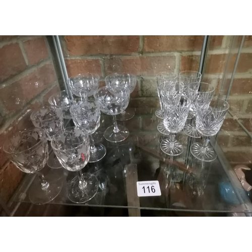 116 - X4 Etched crystal wine glasses and x4 Etched crystal champagne glasses plus x6 crystal Vintage 1950'... 