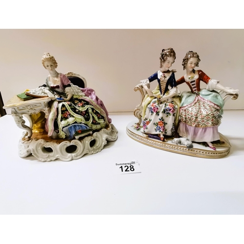 128 - x2 antique porcelain figurines - some restoration carried out