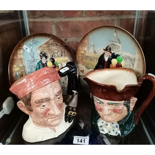 141 - X2 Royal Doulton Toby Jugs plus x2 Royal Doulton plates Balloon Man and women - good condition