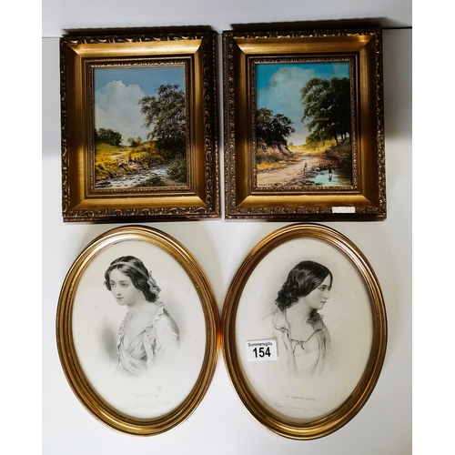 154 - 2 x oil paintings 1970s and 2vx Antique prints in gilt frames