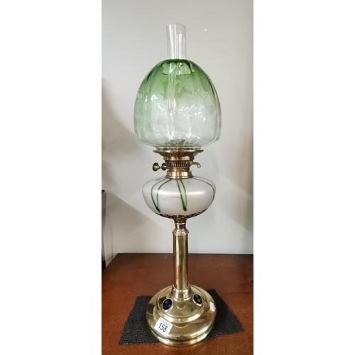 158 - Quality Antique Oil lamp and green shade VGC 69cm total height