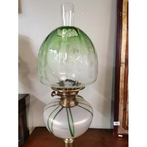 158 - Quality Antique Oil lamp and green shade VGC 69cm total height