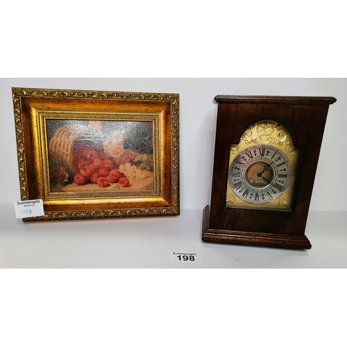 198 - Mahogany Mantel Clock plus small framed oil painting of fruit