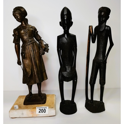 200 - x2 Black tribal figures and a Bronze French peasant figurine