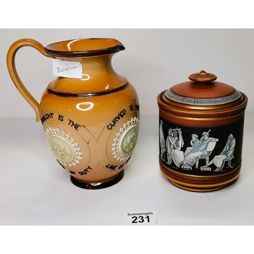 231 - Doulton jug plus a tobacco jar with lid