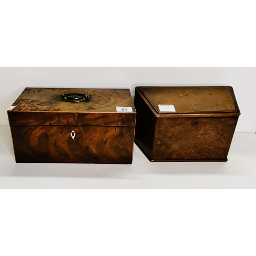 51 - Mahogany tea caddy with brass handle plus Walnut stationary box